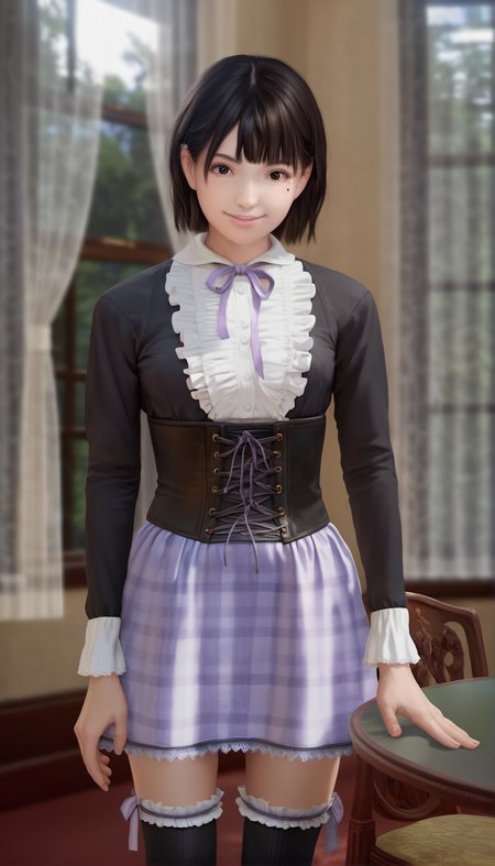 score_9,score_8_up,score_7_up,<lora:ChisatoShinjo:1>,
chisatoshinjo,
realistic,
1girl, solo, black hair, short hair, bangs, brown eyes, beauty mark, looking at viewer, smile, black long-sleeve blouse with ruffles, purple ribbon tied at neck, lavender plaid skirt with corset lace-up waist, black knee-high socks with lace trim and purple bows, cowboy shot, standing, blurry background, indoors, living room, vintage room, at a round wooden table, wooden chair, windows, sunlight through window, curtains, warm cozy atmosphere