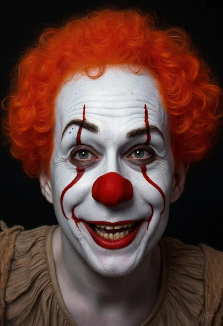 photorealistic portrait painting of a happy friendly clown with big curly orange hair, broad grin, big red nose, skin painted white, with dark patches around the eyes, detailed skin with pores and wrinkes, detailed hair, neutral dark background <lora:hyperrealism-000103:1>
