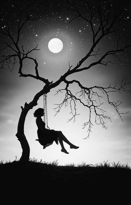 black-and-white photograph captures a hauntingly beautiful scene of a solitary figure sitting on a swing. The image is set against a gradient sky transitioning from a dark, star-filled night to a lighter, more serene morning. A large, full moon dominates the upper left quadrant, its luminous glow casting a soft, ethereal light across the scene. The figure, whose gender is indistinguishable due to the silhouette, sits on a swing hanging from a bare tree with twisted, leafless branches. The swing is positioned slightly to the right of center, with the figure sitting at the very edge, their legs dangling. The swing's chains are clearly visible, hanging down to the ground. The figure appears to be wearing a dress, with their arms resting on their lap. The ground beneath the swing is dark and textured, suggesting a rocky or uneven surface. The overall mood is melancholic and contemplative, enhanced by the stark contrast between the dark, detailed silhouette of the figure and the lighter, more diffuse background. The photograph is a striking example of minimalist art, emphasizing the interplay between light and shadow, and the human form in a natural setting., <lora:aidmaImageUpraderv0.3:0.4>, aidmaimageupgrader, <lora:diffusion_pytorch_model:1>, <lora:aidmaMJ6.1_v0.5_3:0.7>, aidmaMJ6.1, ultra quality, ultra detailed, intricate details