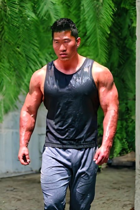 asian sexytrainer, tank top/sleeveless shirt, shorts/sweatpants/leggings, sneakers, gym, holding dumbbell/weightlifting, exercise, realistic, masterpiece, intricate details, detailed background, depth of field, photo of a handsome, dynamic pose, sweaty, sidepec, exercise, natural face expression, detailed Hunter Kang face, big nipples, big bulge, serious manly face