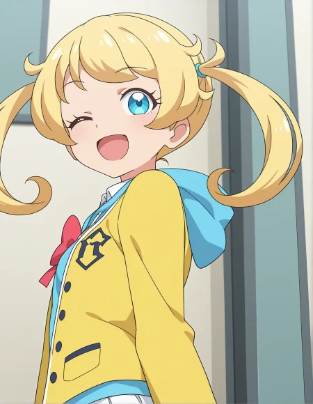 safe,best quality,very aesthetic,absurdres,newest,masterpiece,1girl,solo,highres,smile,open mouth,    ,anime coloring,,looking back, from behind, upper body,,from below, ,one eye closed,   ,<lora:il-prichan-emo1.0:1>,kiratto pri chan,moegi emo,blue eyes,blonde hair,twintails,small breasts,yellow jacket,open jacket,collared shirt,bowtie,red bow,hood,blue hoodie,pleated skirt,white skirt,anime screenshot,