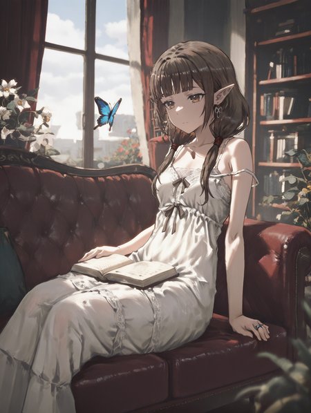 perfect quality,high quality,masterpiece,best quality,amazing quality,very aesthetic,absurdres,Cinematic Lighting,newest,Tactical use of shadow,
1girl,solo,brown hair,long hair,bangs,blunt bangs,twintails,low twintails,brown eyes,IinoMikoCYQL,,
jewelry,elf,pointyears,earrings,book,whitedress,dress,flower,strapslip,ring,indoors,lying,twintails,closedmouth,onside,blueflower,partedbangs,window,bareshoulders,lookingatviewer,collarbone,smallbreasts,couch,dropearrings,bookshelf,breasts,bookstack,feetoutofframe,sleevelessdress,sleeveless,scenery,curtains,spaghettistrap,expressionless,bug,blurryforeground,thickeyebrows,butterfly,bluebutterfly,armsupport,sky,oncouch,sitting,openbook,ribbon,camisole,offshoulder,veryday,nightgown,blurry,barearms,dangleearrings,plant,
<lora:spo_sdxl_10ep_4k-data_lora_webui>,<lora:NOOB_EPSv1_1_detailer_by_vlnvk_v1_0>,<lora:shiej007>,,<lora:lora.by_tusi:1>,