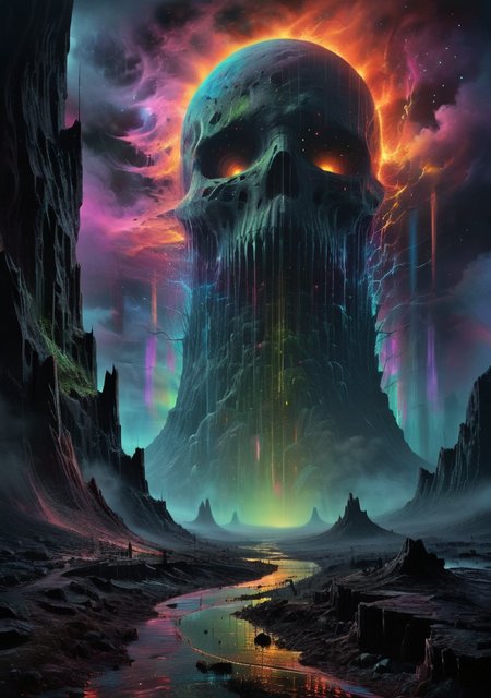 mysterious silhouette horrendous tower  raising to the moon, black light art, Stylized dark art,
ultra realistic 8k cg, flawless, clean, masterpiece, professional artwork, famous artwork, cinematic lighting, cinematic bloom, breathtaking scenery,
,painted world, galaxy,(souls of warriors around the tower:1.2) with eerie visions, (mist:1),real textures, fire rain, <lora:EdobHorrorLandscape_XL_v1.0:1> ,<lora:linquivera:1>,  <lora:The_Dark_Side_of_the_Earth:0.5>,colorful scribbles, psychedelic art, colorpop,<lora:ral-hlgrphic-sdxl:1>,ral-hlgrphic, holographic face in the horizon, <lora:add-detail-xl:1.2>