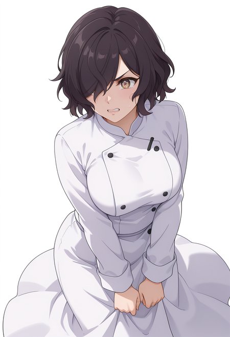 Smooth Quality,masterpiece,very intricate, high quality details, ultra realistic, high detailed skin,detailed enviorement,absurdres,
simple background, white background,
,dynamic angle,tears,angry,
baseball jacket,  ,chef coat,  ,sheer skirt,  , <lora:Kiclacnn:0.7> Kiclacnn, 1girl, black hair, brown eyes, symbol-shaped pupils, short hair, hair over one eye,