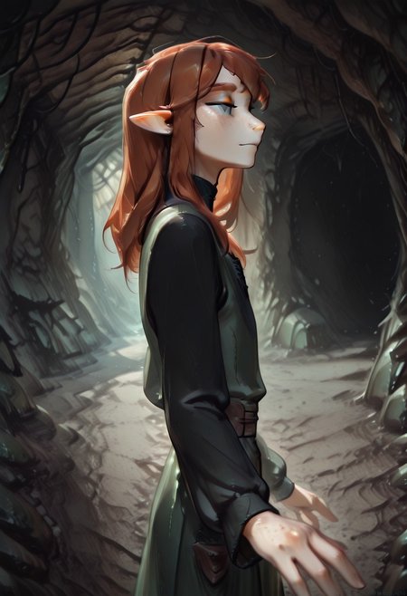 1person, solo, Lapanya, Malgha, freckles, pointy ears, Long-sleeve black shirt, green tunic,
Reaching towards viewer, translucent lower body, see-through lower body,
Close up, side view,
Underground, organic cavern,
Masterpiece, high quality, highly detailed, perfect eyes,