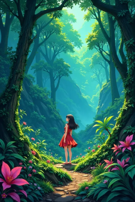 rainforest beautiful  anime landscape, noon, woman, very intricate, very detailed, sharp, bright, colorful, <lora:Hand v2:0.5> <lora:Anti-Blur:1><lora:Insane Detail Slider:0.25>  <lora:flux.1_lora_flyway_Epic-detail_v2:0.3> <lora:fluxenhancer:0.25> <lora:ROWER:0.6> <lora:flux-charmer-v1-1:0.4>> <lora:anime_retro:1> anime_martz, anime_retro