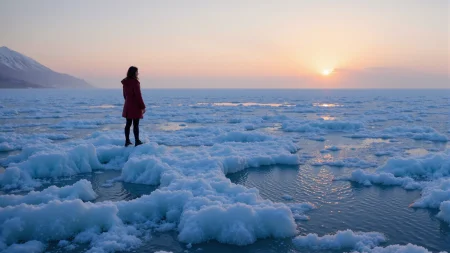 frozen ocean beautiful  landscape, evening, woman, very intricate, very detailed, sharp, bright, colorful, <lora:Hand v2:0.5> <lora:Anti-Blur:1><lora:Insane Detail Slider:0.25>  <lora:flux.1_lora_flyway_Epic-detail_v2:0.3> <lora:fluxenhancer:0.25> <lora:ROWER:0.6> <lora:ck-flaani-flux:0.6> flaani