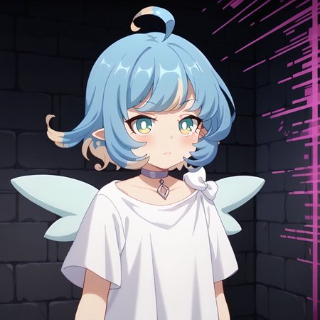 score_9, score_8_up, score_7_up, source_anime, anime screencap, masterpiece, insanely detailed, detailed background, zPDXL3, break, amy_(princess_connect), 1girl, wings, solo, ahoge, short hair, blue hair, multicolored hair, pointy ears,white dress,choker,(glitch), dungeon,chromatic aberration,dimesion break