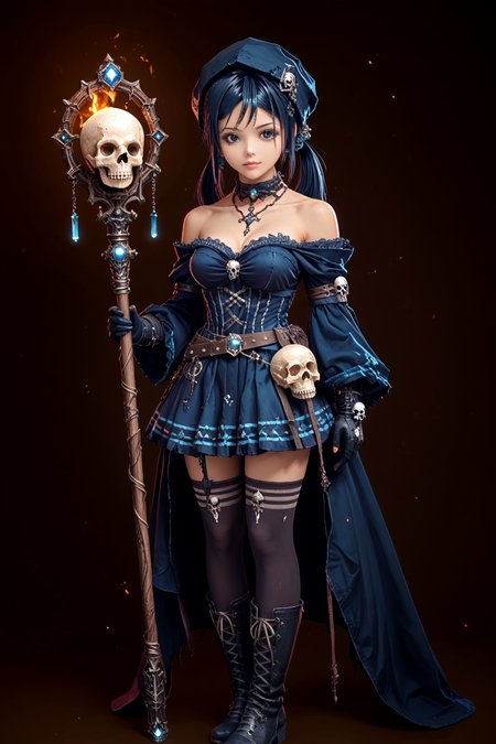 breasts,digital illustration, charact portrait, source_anime,anime coloring, 1girl, <lora:Necromancer_outfit_wearingstaff:1>Necoutmb,necromancer wearing,breasts,Staff,skull,holding, holding staff,Gloves,Dress,Hat,Hood,Thighhighs,Boots,  <lora:mita.pony:1> mita,blue hair,blue eyes, twintails,, Score_9, Score_8_up, Score_7_up, Score_6_up, Score_5_up, Score_4_up, BREAK, in full growth, best quality, masterpiece, ultra-detailed, high quality,good quality(master piece,high resolution, ultra detailed,8K,16K),look at viewer