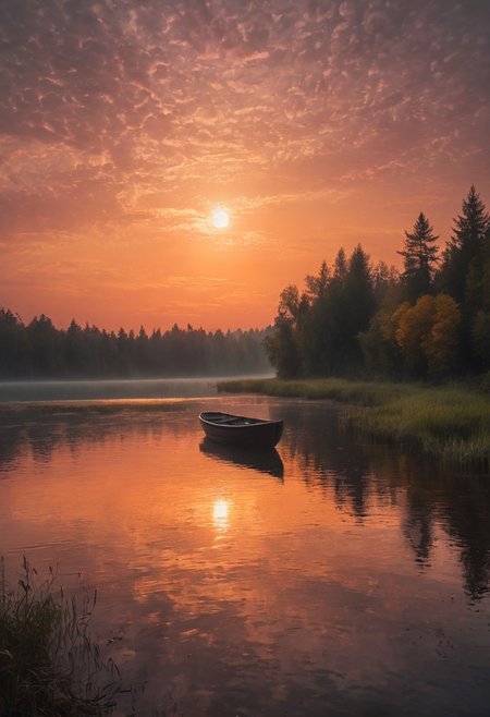This image captures a serene scene of a lake at sunset. The sky is painted in hues of orange and yellow, while the sun gently dips below the horizon. A small boat is visible in the foreground, adding to the tranquil atmosphere. The lake is surrounded by lush green trees and bushes, enhancing the overall beauty of the scene, warm orange and pink hues casting a beautiful glow, cinematic lighting, detailed digital painting by Aaron Blaise and Robert Bateman and Carl Runguis, 4k resolution, hyperrealistic rendering, ethereal atmosphere. highly detailed and hyper realistic photo, by Alena Aenami , by Archibald Thorburn , by Daniele Afferni , in the style of  monochromatic silhouette reflection,  limited dark palette, unusual dark colors, faded colors, atmospheric haze, highly dramatic cinematic lighting, motion blur, film grain,  professional, excellent composition, finest details, maximized details, ultimate detail level, masterpiece, best quality