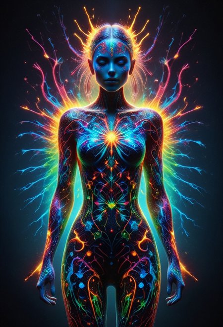 a full body fire entity with multicolored flames, professional photography of an fantastical warrior princess entirely made of cyberflies with whimsical elements, swirling magic, eerie fairytale landscape, elaborate fantasy style art, very colorful, intricate details, ultra sharp, exquisite detail, flawless composition, vivid colors, masterpiece, exciting background, TAS, TASvisuals, Psychedelic , Rave, Elaborate , Blacklight , Vibrant , cyberflies, black light paint, blp, Colorful Chaos Cracks and Drops, mad-glowtiedye, made out of,colorful,liquid,Murano Art Glass