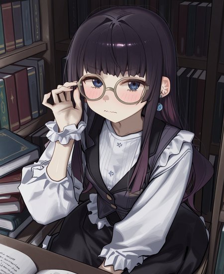 <lora:syhanC:1> syhan,
(masterpiece), (best quality), (ultra-detailed), amazing quality, very aesthetic, illustration, perfect composition, intricate details, absurdres, incredibly absurdres, shiny skin, realistic,
 syhan, 1girl, solo, glasses, book, blush, round eyewear, , long hair,  book, earrings, jewelry, looking at viewer, sitting, shirt, black , framed eyewear, purple hair, bookshelf, black hair, white shirt, library, long sleeves, skirt, wavy mouth, blue eyes, , blunt bangs, frills, black skirt, vest, general