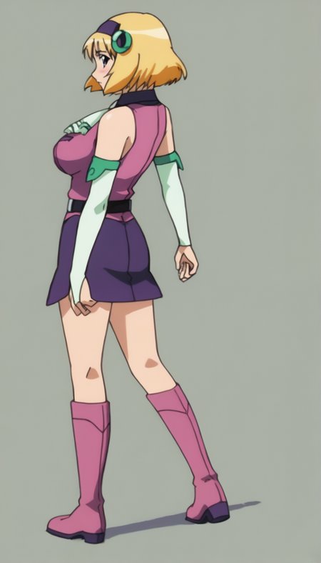 score_9_up, source_anime, belvedere_coco,  short hair, blonde hair, 1girl, solo. bare shoulders, hairband, from behind. looking behind.looking at viewer. full body. profile. blush. gloves, elbow gloves, ascot, detached sleeves, bridal gauntlets, breasts, legs. fingerless gloves. sleeveless, bob cut, necktie, belt,  hair ornament, large breasts, pink boots.