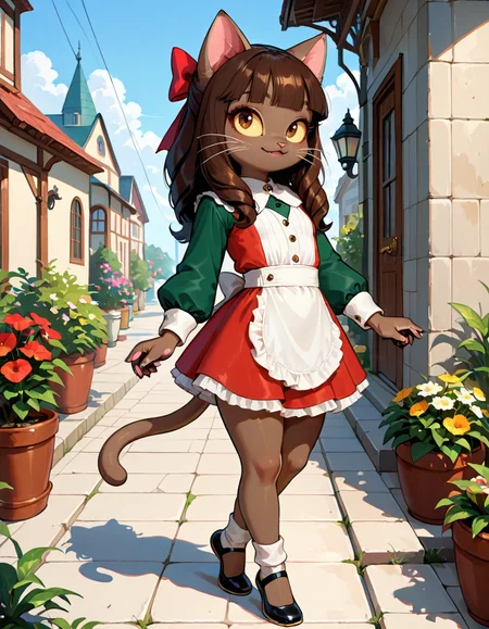 masterpiece, best quality, very aesthetic, absurdres,
outdoors, dressed,
full body, posing, 
seductive smile, parted lips, long eyelashes,
 <lora:Ivy_Pepper_v01_NAIXL:1>
1vyP3pp3r,1girl,solo,furry,furry female,cat girl,cat ears,brown hair,hair bow,long hair,blunt bangs,brown eyes,yellow sclera,animal nose,whiskers,body fur,cat tail,