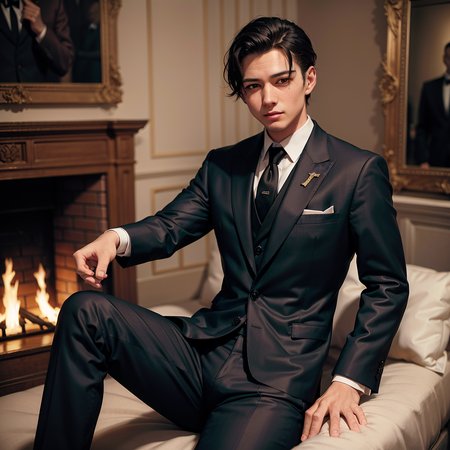 masterpiece, absurdres, high quality, realistic,
1boy, short hair, mafia, suit and tie, pants, evil grin,
indoors, fireplace,