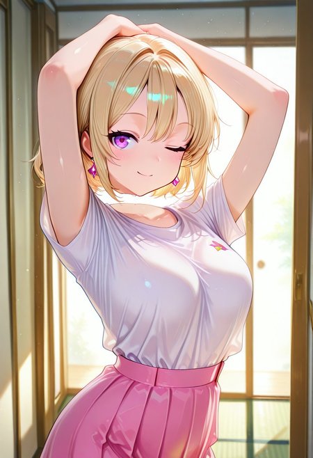 masterpiece, best quality, amazing quality, very aesthetic, high resolution, ultra-detailed, absurdres, newest, volumetric lighting, absolutely eye-catching,
1girl, Kawai Mona, dynamic pose, portrait shot, in front of her home, morning, standing, blonde hair, purple eyes, white shirt, short sleeves, cute pink skirt, looking at viewer, wink, 
disembodied_head_smooth_shoulder