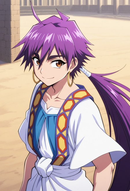 masterpiece,best quality,amazing quality, source_anime, 
Shindobaddo, 1boy, male focus, solo, brown eyes, purple hair, long hair, ponytail, hoop earrings, arabian clothes, collarbone, shirt, white shirt, short sleeves, wide sleeves, vest, blue vest, outdoor, smile,