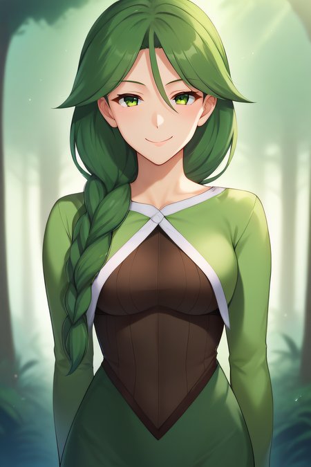 score_9, score_8_up, score_7_up, score_6_up, score_5_up, score_4_up, BREAK source_anime, masterpiece, best quality, ultra quality, <lora:Cheryl:1>, cheryl, green eyes, green hair, braid, hair over shoulder, green skirt, long sleeves, standing, looking at viewer, forest background, closed mouth, smile, hands behind back, medium breasts, naughty face, upper body
