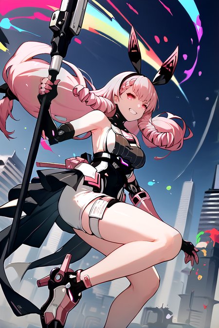 score_9, score_8_up, score_7_up, black hairband, fake animal ears, mecha musume, high heels,
pink hair, low-tied long hair, drill sidelocks, pink eyes, breast cutout, leotard, white shorts, short shorts, thigh strap, thigh pouch, mechanical arms, showgirl skirt, braid, 
city, paint, paint splatter,
night,
polearm, holding polearm, one leg up, grin, knee, weapon pose, spear, bokeh, in focus, rainbow
 <lora:aylakaleido:1>