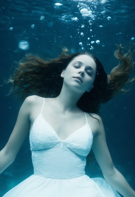 cinematic film still close-up of a deathly pale young woman floating under water, long hair floating, long white dress floating, floating particles, milky eyes wide open  <lora:corpse:1>