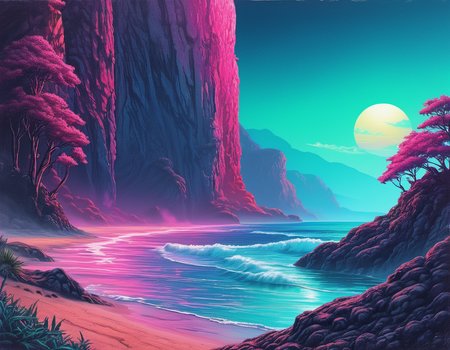 synthwave-galaxy,masterpiece, professional artwork,landscape painting of beach bay of sea , cliff  in the background, and Woodland , ,<lora:Synthwave_Galaxy:.8>