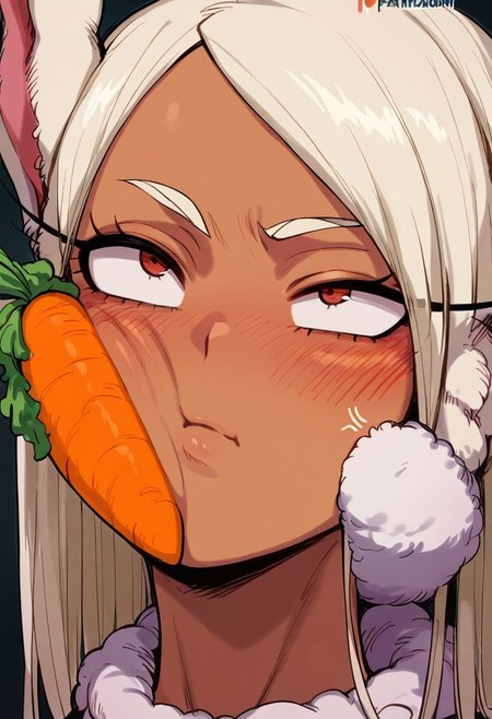 score_9, score_8_up, score_7_up, score_6_up, 1girl, 1boy, 2d, source_anime, anime, , bluethebone style, Rumi Usagiyama, Mirko (My Hero Academia), dark skin, looking up,  , annoyed, blush, close-up, 
 carrot on cheek
