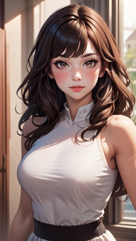 masterpiece, best quality, 1girl, standing,  <lora:big_hair-1.0:1> big hair, mature female, blunt bangs, brown eyes, light brown hair, open window, flower, upper body,