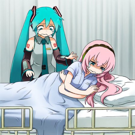 masterpiece, best quality, absurdres, lo_su_qu, 2girls, female focus, Hatsune Miku, aqua hair, twintails, aqua eyes, necktie, collared shirt, sleeveless, detached sleeves, tattoo, skirt, pleated skirt, standing, frown, looking down, megurine luka, pink hair, long hair, hospital gown, lying, on side, on bed, crying, under covers, hospital bed, indoors,