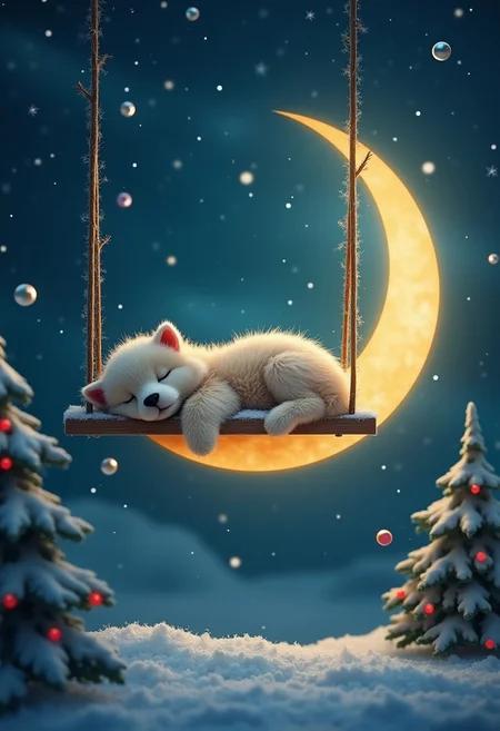 in the sky on a crescent moon, on a swing, a fluffy animal lies, night, sleep, cute, christmas tree, fairy-tale, snowflakes and balls shining, new year landscape, imaginary mix, colorful, vivid colors, intricate details, hyper-detailed, professional photoshoot, chiarosquro lighting, realistic