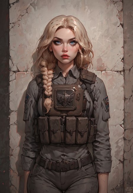 score_9, score_8_up, score_8_up, 1girl, blonde hair, blue eyes, MiraBelle666, fit body, hiding behind crumbling wall, ruins, wasteland, grey rugged military uniform, tactical clothes, tactical vest, armor, dark-grey skies, wasteland, g0thicPXL, <lora:g0th1cPXL:0.45>, 