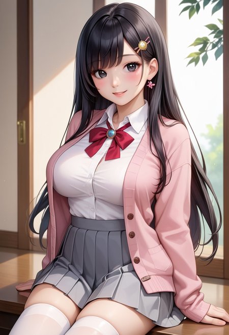score_9, score_8_up, score_7_up, source_anime, 
detailed eyes, eye reflection,
japanese girl,
black eyes, black hair, long hair, princess cut, bangs, hairpin,
large breasts,
pink cardigan, open cardigan, neck ribbon, red ribbon, collared shirt, white shirt, long sleeves,
skirt, pleated skirt, grey skirt,
thighhighs, white thighhighs,
1girl, blush, smile,