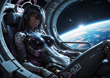 cyborg 1girl, angular, science fiction, futuristic, scenery, (karin \(blue archive\):1.0), sitting in space station, parted lips, mechanical torso, looking at viewer, black hair, yellow eyes, hair between eyes, dark skin, long hair, purple halo, creative angle, head tilt, (dutch angle, dynamic pose:0.9) BREAK masterpiece, best quality, absurdres, HDR, 8K, high contrast, film grain, cinematic lighting, realistic, depth of field, bokeh, neon trim, newest, aidmafluxpro1.1 <lora:- iLL - the_edgy_mech_V3.0:0.4> <lora:aidmaFLuxPro1.1-IL-v0.3:0.2> <lora:Hyper Helmets SDXL v1.0:0.5> <lora:CyborgMechExosuit_v1.5:0.7> <lora:ck-Sci-Fi-Concepts-IL-000015:0.15>âââ