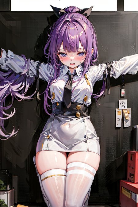 masterpiece,1girl,solo,  <lora:TashkentBoundV1-06:1> ,purple hair, metal collar, tears,cry,tearing up, white legwear, chain leash,crucifixion,high ponytail, center opening:1.2,torn clothes, ahegao, <lora:crucifixionV1-000006:1.2>