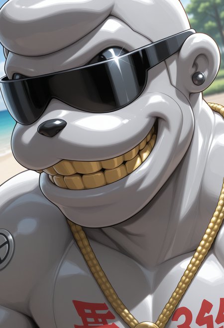 masterpiece,best quality,amazing quality, 1boy, solo, m_3t3m0n, digimon (creature), gold necklace, black sunglasses, close up, side angle, smile, gold teeth,