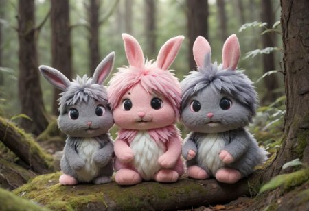source_anime, Cute wonderful creatures, Microphotography, chibi, cute  fluffy rabbits ,pink and grey, in a dreamy forest, ispzxll, In a felt puppet world style,