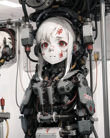 girl,white hair,red eyes,headphones,stuck in wall,restraints,trapped,machine,brainwashing,pumps and tubes,wires,(docking station:0.7),(assembly line:1.2),laboratory,charging,(expressionless:1.5),<lora:HardSurface_beta:0.7>,<lora:extremely_detailed:0.5>,<lora:Atompunk:0.6>,
