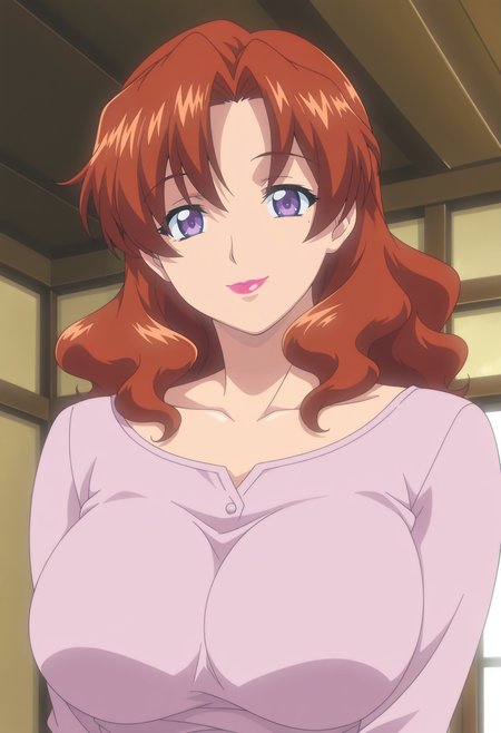 1girl,solo,mm,mature female,brown hair,long hair,mole under eye,purple eyes,lipstick,large breasts,anime coloring,
shirt,upper body, looking at viewer, smile,indoors
,masterpiece,best quality,amazing quality,<lora:Minato_SAKURABA-Wife_with_Wife:0.8>