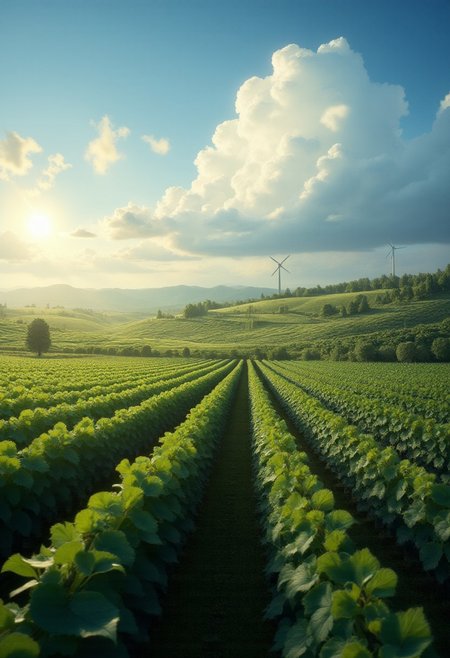 detailed background, from above,( Calm spring morning landscape), beautiful view, Vineyards, top quality grapes, early morning, sunrise sky, beautiful clouds, dappled sunlight, 
I can see a windmill in the distance, 
depth of field, masterpiece, best quality, ultra-detailed, very aesthetic, illustration, perfect composition, intricate details, absurdres, moody lighting, wisps of light, no humans,