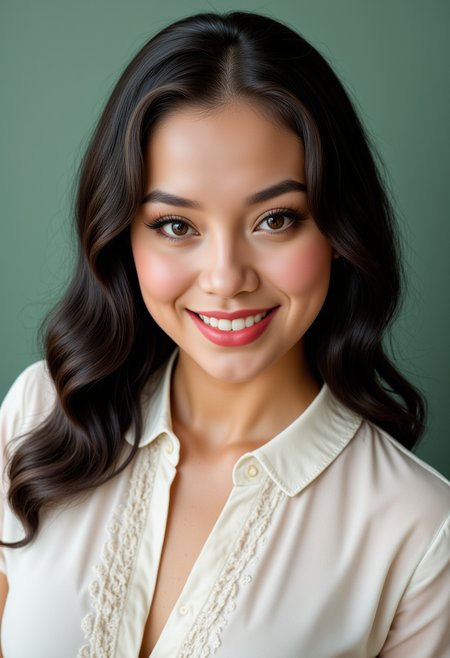 She is approximately 18 years old. Hyperrealism, she is looking at the camera, (dynamic angles), headshots of a beautiful, stunning unique female character.  she has dark hair. her eyes are filled with joy and excitement, extravagant eyelashes. a photo of AGDV2_nokrea, she is wearing a white frilly shirt. The woman is posing confidently. simple sage green colored background. She has a slight smile on her face and is looking directly at the camera. making this image a masterpiece of photography and digital art. realistic. making this image a masterpiece of photography and digital art. Style: realistic hyper-detailed rendering, 32k UHD, expressive eyes, punk, graphic design, girl's face, pretty and cute, gleaming lips, telling a tale of adventure. Exuding confidence and serenity. The overall mood of the image is happy and relaxed,detailed skin texture,(blush:0.2),(goosebumps:0.3),subsurface scattering,whimsical,Detailed hand, Perfect hand. Perfection style.