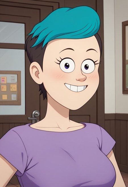((room background)),score_9, score_8_up, score_7_up,score_6_up, 
1girl, solo, Celia_RS, light skin, black eyes, short hair, black hair shaved sides, hair teal fringe, purple t-shirt with a round neck, blue violet sash belt, black pleated skirt, long white socks, brown shoes, big eyes, cute, tall stature, social smile, perfect eyes, perfect smile, looking at the viewer, detailed eyes, perfect eyes, standing, big breasts (front pose, bust shot, close up to face, face portrait:1) five fingers, perfect hands, hands on hips