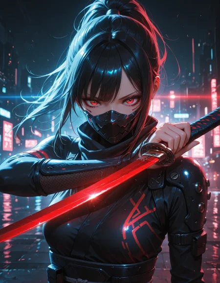 masterpiece, best quality, amazing quality,1girl, solo, small breasts, (ninja:1.2), dark clothes, backlighting, upper body, holding katana, weapon focus, reflection on blade, night, dynamic pose, intense, abstract, cyberpunk, neon,