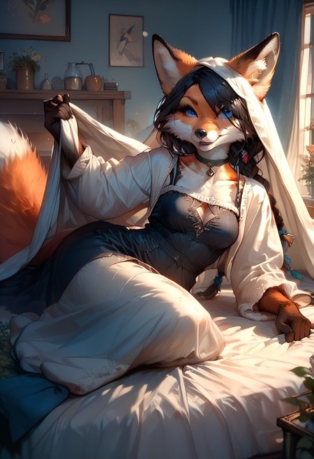 score_9, score_8_up, score_7_up,braided black hair, anthro fox female,foxfolk,solo,perfecteyes,blue eyes, one eye covered by hair, medium breasts ,black choker, black cutout lingery,bedinvite,under covers, tights,lying on bed,perfect quality, high quality,  at night ,cosy bed room athmosphere,
