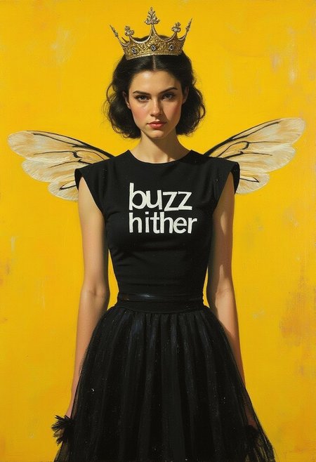 the text on a top reads "buzz hither".
high contrast oil painting by Kramskoy, bright texture, luxury feel,
 honey bee queen