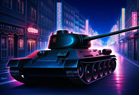 Graphic Design, color art, vibrant colors, colorful, intricate details, high contrast, detailed background, beautiful detailed, newest, new, t3485, no humans, tank, military vehicle, vehicle focus, street, cinematic lighting, dark, night, neon, (spoiler (automobile), headlights:0.8), 