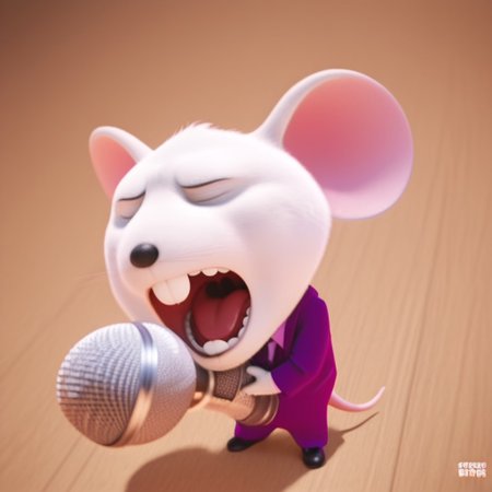 Mike_sing, white fur, mouse teeth, mouse, anthro, standing, holding Microphone, open mouth, wide open mouth, mouth open wide, uvula, tongue, detailed mouth, closed eyes,  good angle, suit, Purple suit, 4k, realistic, pose, dynamic angle, ((Full body))