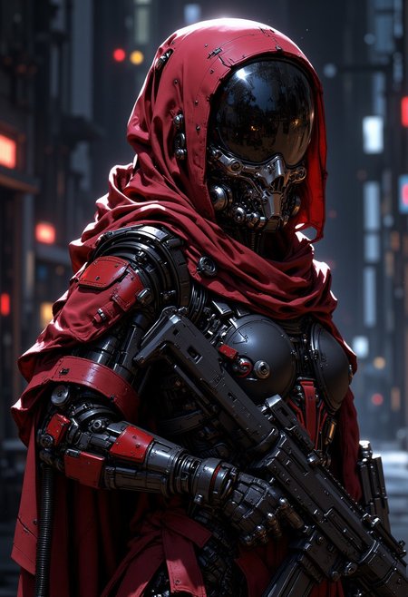 mythp0rt, D4rkCyb3rDyn34n1m3 style, photorealistic image of a female space marine in red and black armour, helmet with a clear visor reflecting light, hyperdetailed helmet, holding an assault rifle, dark abstract background suggesting interior of spaceship