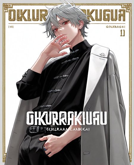 <lora:gokurakugai:1> gokurakugai,
(masterpiece), (best quality), (ultra-detailed), amazing quality, very aesthetic, illustration, perfect composition, intricate details, absurdres, incredibly absurdres, shiny skin, realistic,
 gokurakugai, 1boy, male focus, solo, red eyes, ring, looking at viewer, hand in pocket, jewelry, short hair, grey hair, hand up, hair between eyes, black shirt, belt, shirt, coat, cowboy shot, long sleeves, cover, black pants, white background, chinese clothes, pants, cover page, copyright name, general