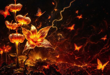 ArsMJStyle, impressionism, Ukiyo-e, A surreal and painterly composition featuring **radiant golden bleeding hearts flowers** and **luminescent, ethereal butterflies glowing with  crimson hues** against a pitch-black background. The flowers exude a vivid metallic sheen. The petals are dripping amber nectar. The butterflies pulse with an otherworldly golden-red light, and their wings are traced with intricate fiery patterns.
The atmosphere is enhanced by a dreamy **bokeh effect** that scatters soft glimmers of gold and crimson throughout the composition, creating depth and a sense of quiet wonder. The interplay of **rich golden highlights and deep black shadows** evokes an enchanting, almost mystical ambiance. Subtle embers float in the air, adding a dynamic, surreal quality to the scene.
The overall aesthetic is vivid yet balanced, emphasizing the **contrast between the glowing warmth of the flowers and harshness of the surrounding butterflies**. Rendered in **8K ultra-detail**, the textures are hyper-realistic, while the colors glow with an intense vibrancy, embodying an elegant harmony of surreal beauty and luxurious simplicity.