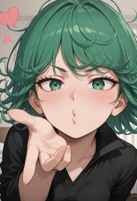 masterpiece, by piaki,  best quality, very detailed, 
1 girl,  Tatsumaki \(one punch man\), green hair, messy hair, green eyes, small breasts, blushing, 
indoor, bedroom, 
Close-up, mouth focus, very close-up, extremly close-up, looking at viewer, 
blowing kiss, heart, puckered lips, o3o