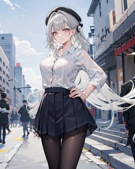masterpiece,1girl,solo, <lora:ScyllaV2-000008:1>,scyllaschool,large breasts, skirt,hand on hip, light smile, closed mouth, outdoors,cityscape, standing,black_pantyhose